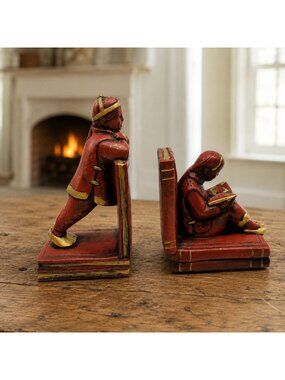 Vintage Chalkware Asian Child Reading Bookends Red Gold Book Form 1960s Pair